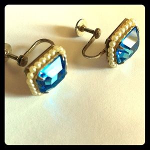 Blue Rhinestone Pearl Vintage Signed Coro Earrings